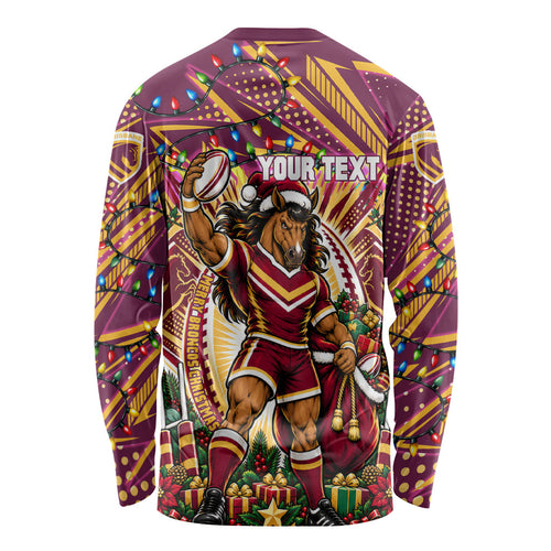 Personalized Brisbane Broncos Rugby Christmas Long Sleeve Shirt Holiday Mascot Graphic Art Festive Lights Bow