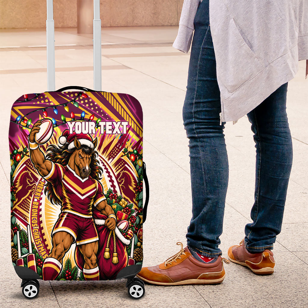 Personalized Brisbane Broncos Rugby Christmas Luggage Cover Holiday Mascot Graphic Art Festive Lights Bow