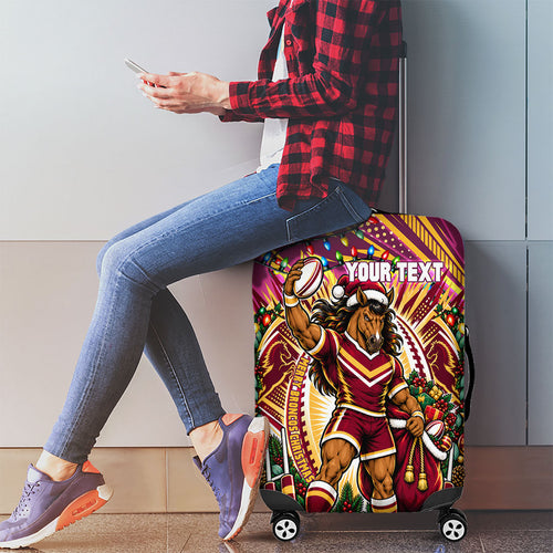 Personalized Brisbane Broncos Rugby Christmas Luggage Cover Holiday Mascot Graphic Art Festive Lights Bow