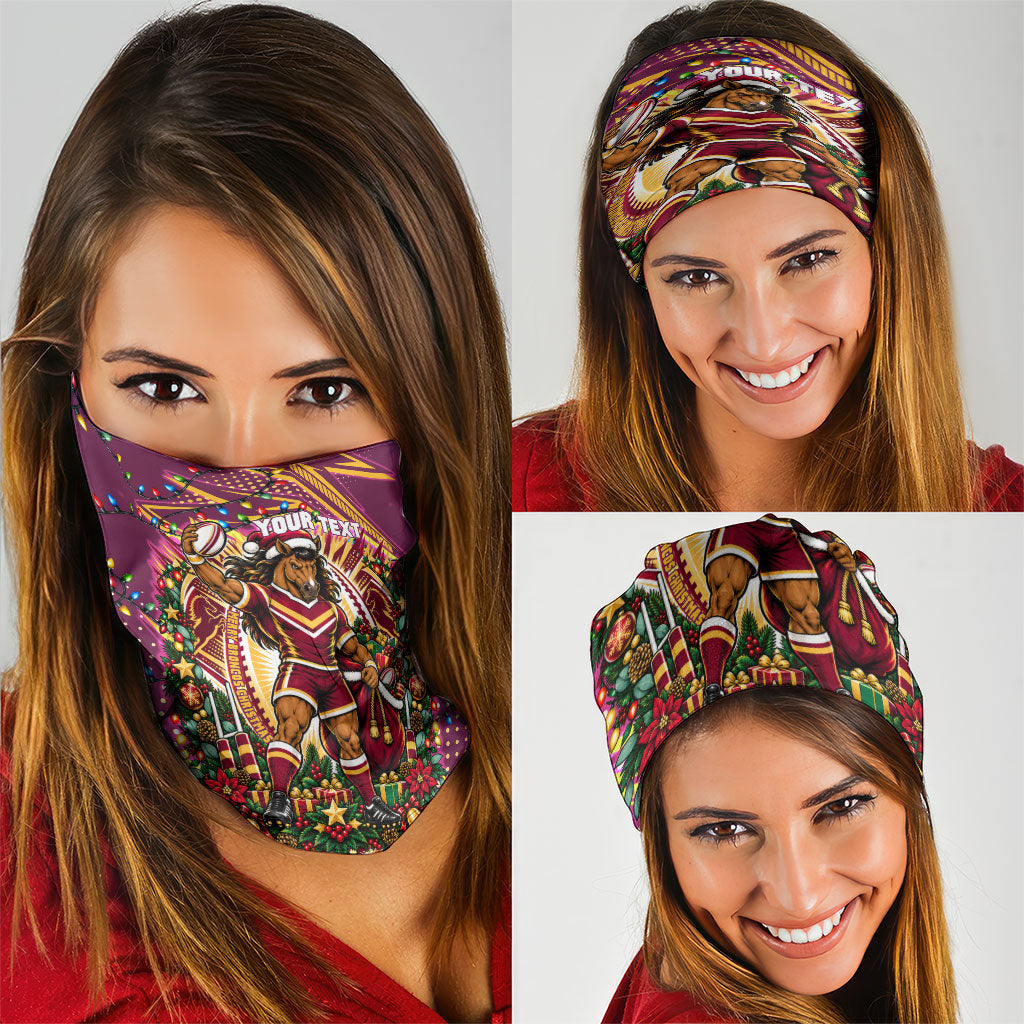 Personalized Brisbane Broncos Rugby Christmas Neck Gaiter Holiday Mascot Graphic Art Festive Lights Bow