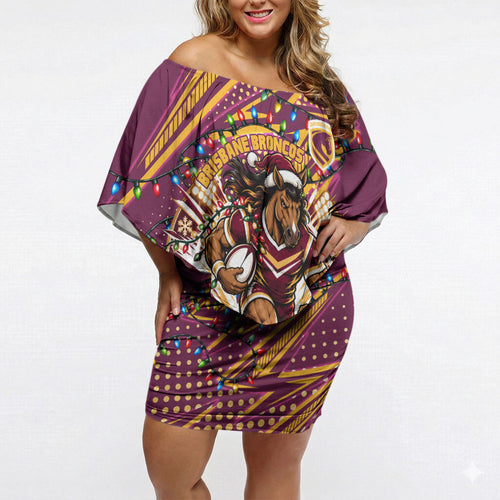 Personalized Brisbane Broncos Rugby Christmas Off Shoulder Short Dress Holiday Mascot Graphic Art Festive Lights Bow