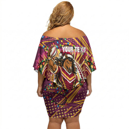 Personalized Brisbane Broncos Rugby Christmas Off Shoulder Short Dress Holiday Mascot Graphic Art Festive Lights Bow