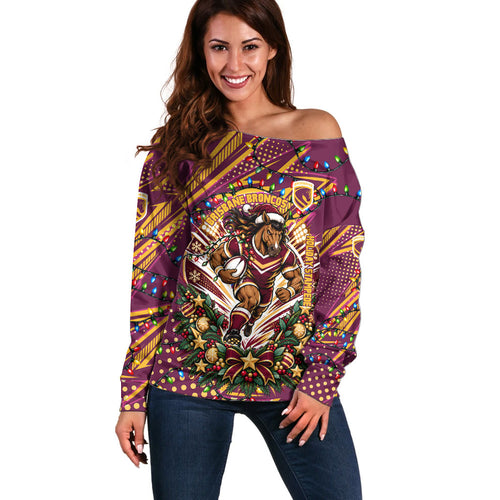 Personalized Brisbane Broncos Rugby Christmas Off Shoulder Sweater Holiday Mascot Graphic Art Festive Lights Bow