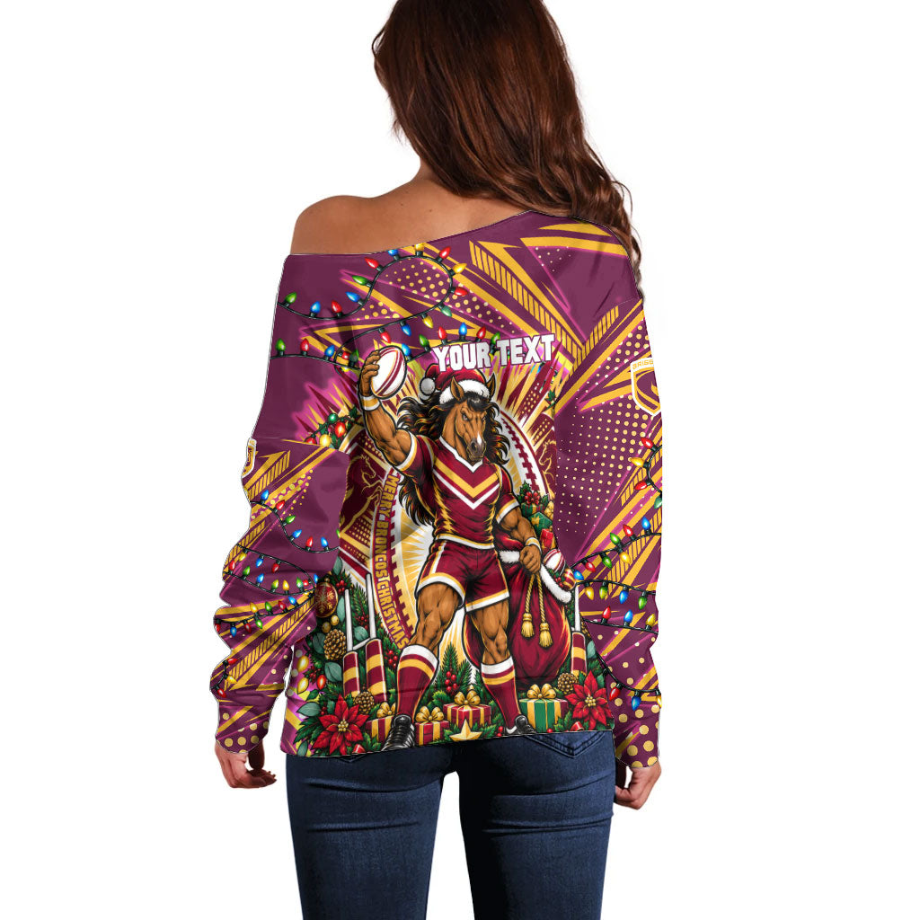Personalized Brisbane Broncos Rugby Christmas Off Shoulder Sweater Holiday Mascot Graphic Art Festive Lights Bow