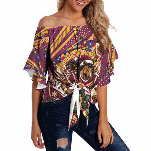Personalized Brisbane Broncos Rugby Christmas Off Shoulder Wrap Waist Top Holiday Mascot Graphic Art Festive Lights Bow
