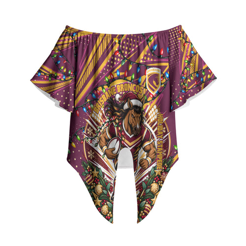 Personalized Brisbane Broncos Rugby Christmas Off Shoulder Wrap Waist Top Holiday Mascot Graphic Art Festive Lights Bow