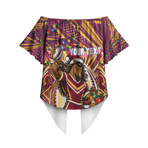 Personalized Brisbane Broncos Rugby Christmas Off Shoulder Wrap Waist Top Holiday Mascot Graphic Art Festive Lights Bow