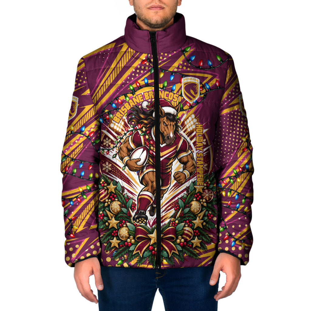 Personalized Brisbane Broncos Rugby Christmas Padded Jacket Holiday Mascot Graphic Art Festive Lights Bow