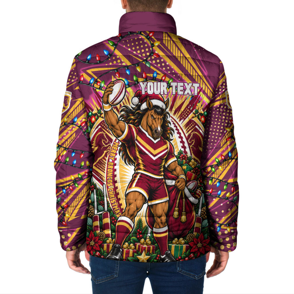 Personalized Brisbane Broncos Rugby Christmas Padded Jacket Holiday Mascot Graphic Art Festive Lights Bow