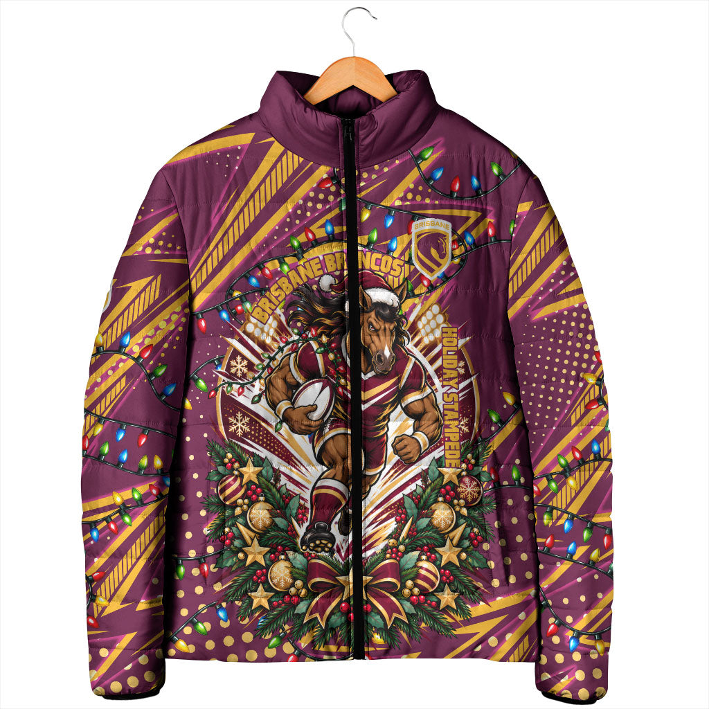 Personalized Brisbane Broncos Rugby Christmas Padded Jacket Holiday Mascot Graphic Art Festive Lights Bow