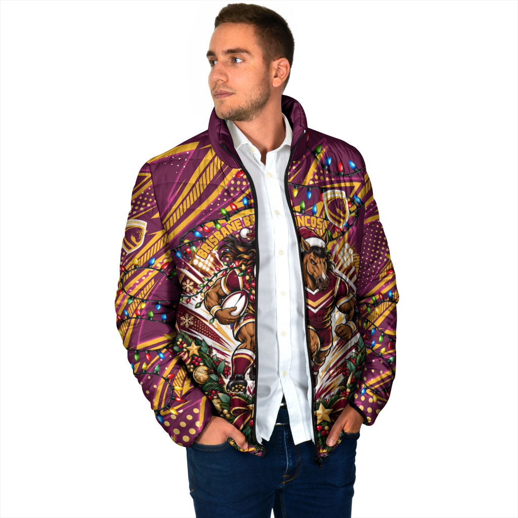 Personalized Brisbane Broncos Rugby Christmas Padded Jacket Holiday Mascot Graphic Art Festive Lights Bow
