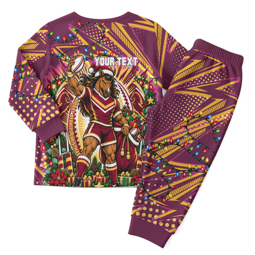 Personalized Brisbane Broncos Rugby Christmas Pajama Set Holiday Mascot Graphic Art Festive Lights Bow