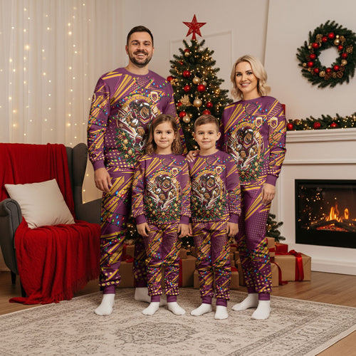 Personalized Brisbane Broncos Rugby Christmas Pajama Set Holiday Mascot Graphic Art Festive Lights Bow