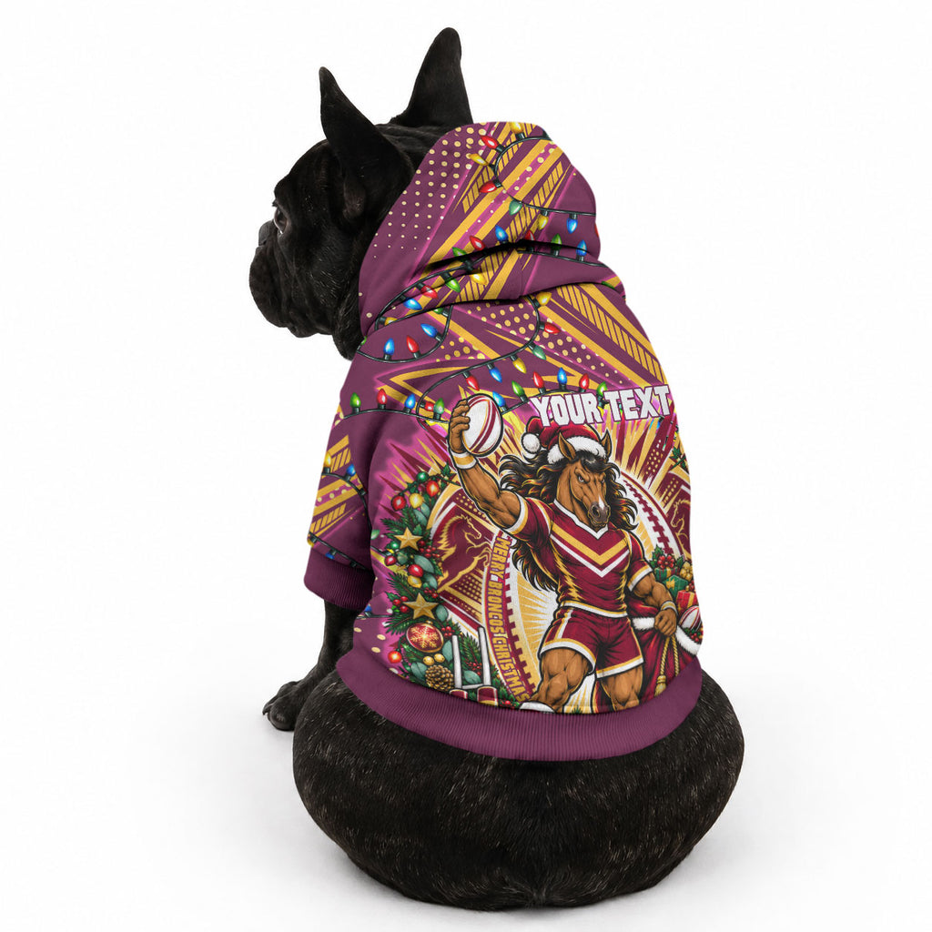 Personalized Brisbane Broncos Rugby Christmas Pet Hoodie Holiday Mascot Graphic Art Festive Lights Bow