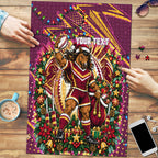 Personalized Brisbane Broncos Rugby Christmas Puzzle Holiday Mascot Graphic Art Festive Lights Bow