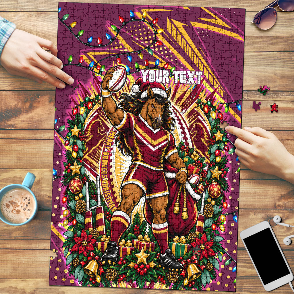 Personalized Brisbane Broncos Rugby Christmas Puzzle Holiday Mascot Graphic Art Festive Lights Bow