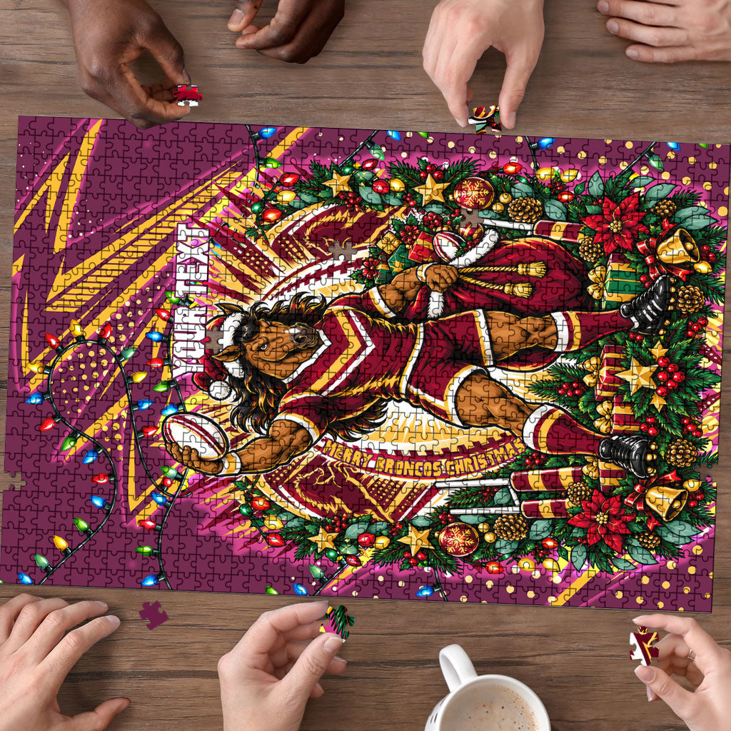 Personalized Brisbane Broncos Rugby Christmas Puzzle Holiday Mascot Graphic Art Festive Lights Bow