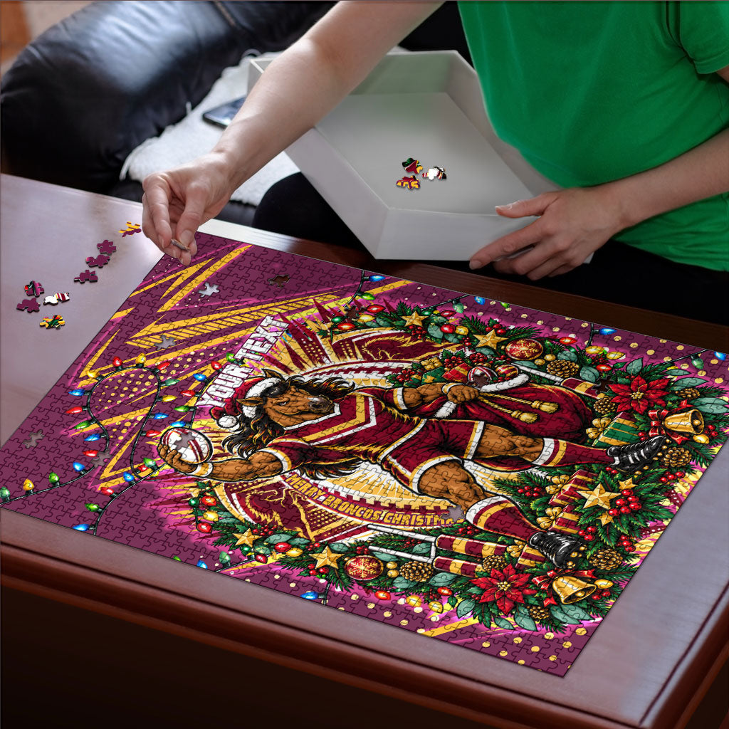 Personalized Brisbane Broncos Rugby Christmas Puzzle Holiday Mascot Graphic Art Festive Lights Bow