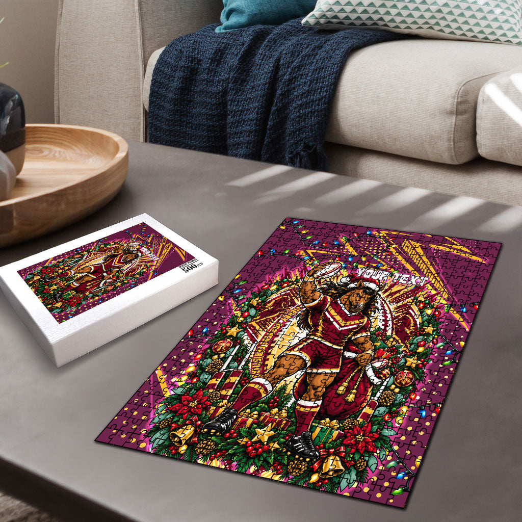 Personalized Brisbane Broncos Rugby Christmas Puzzle Holiday Mascot Graphic Art Festive Lights Bow