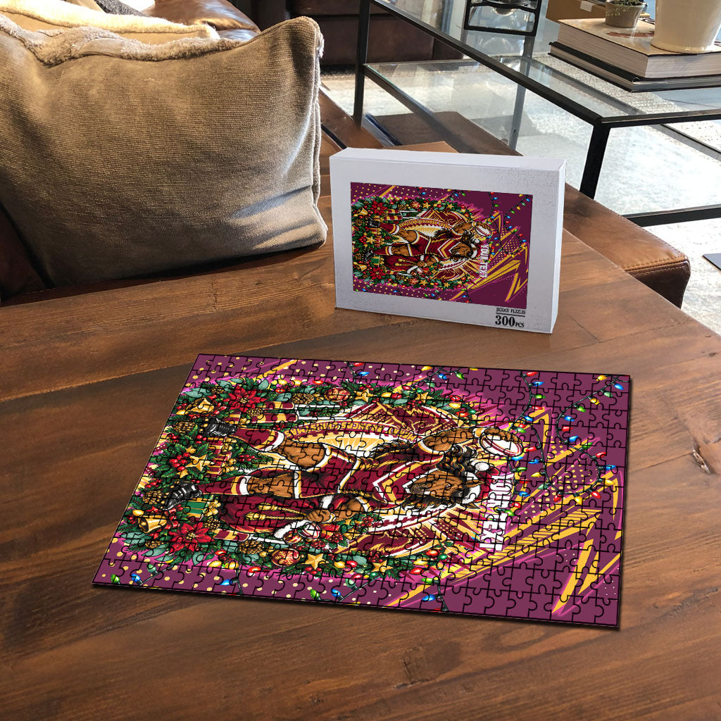 Personalized Brisbane Broncos Rugby Christmas Puzzle Holiday Mascot Graphic Art Festive Lights Bow