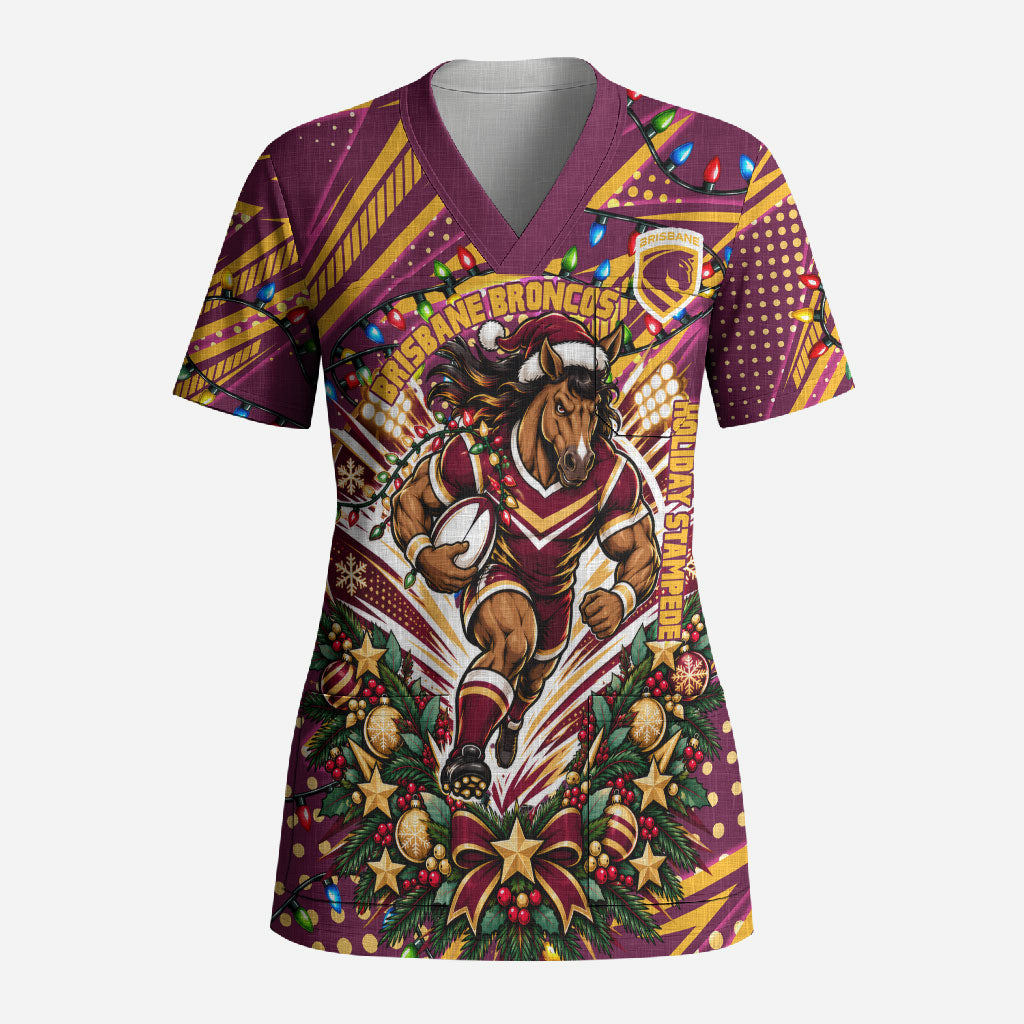 Personalized Brisbane Broncos Rugby Christmas Scrub Top Holiday Mascot Graphic Art Festive Lights Bow
