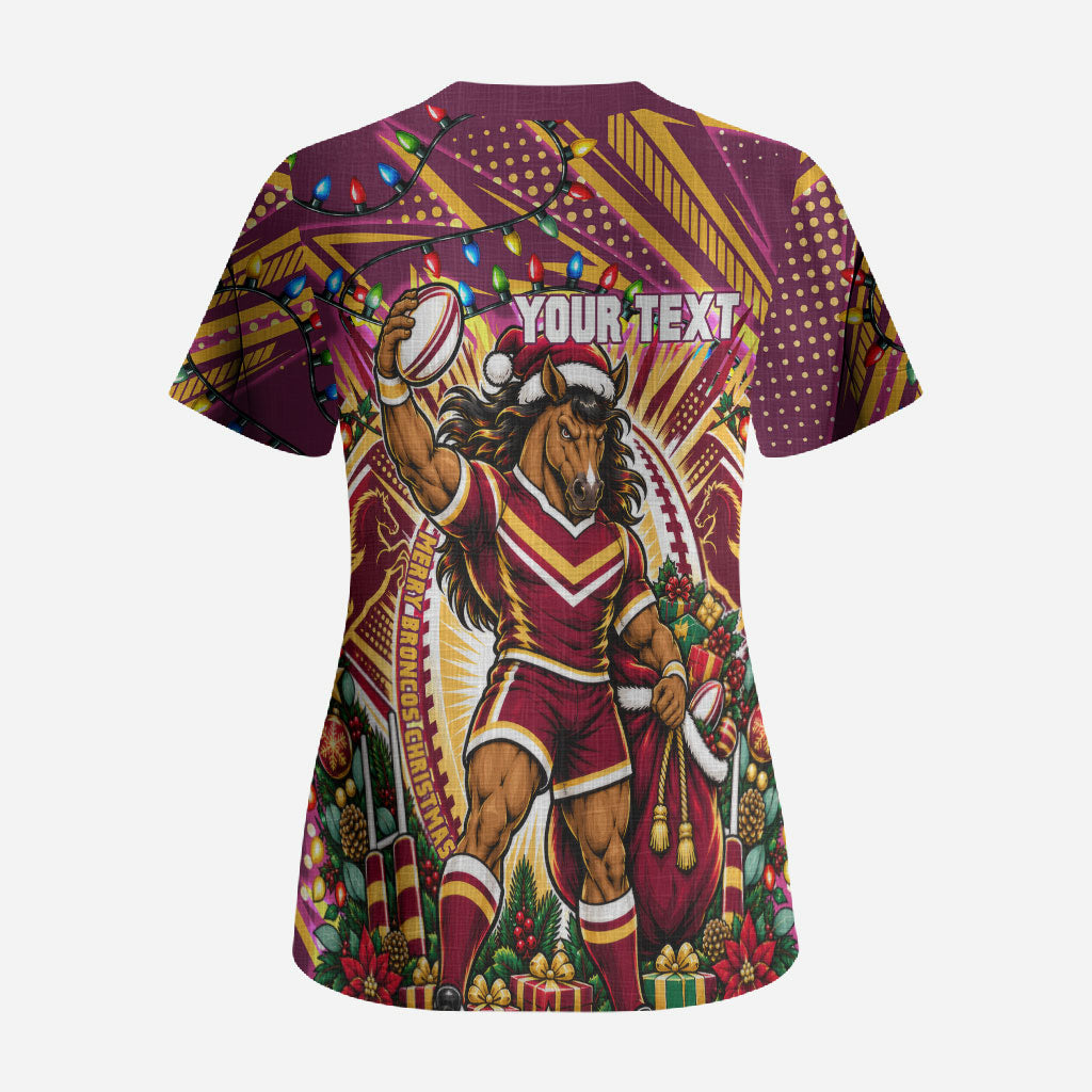 Personalized Brisbane Broncos Rugby Christmas Scrub Top Holiday Mascot Graphic Art Festive Lights Bow