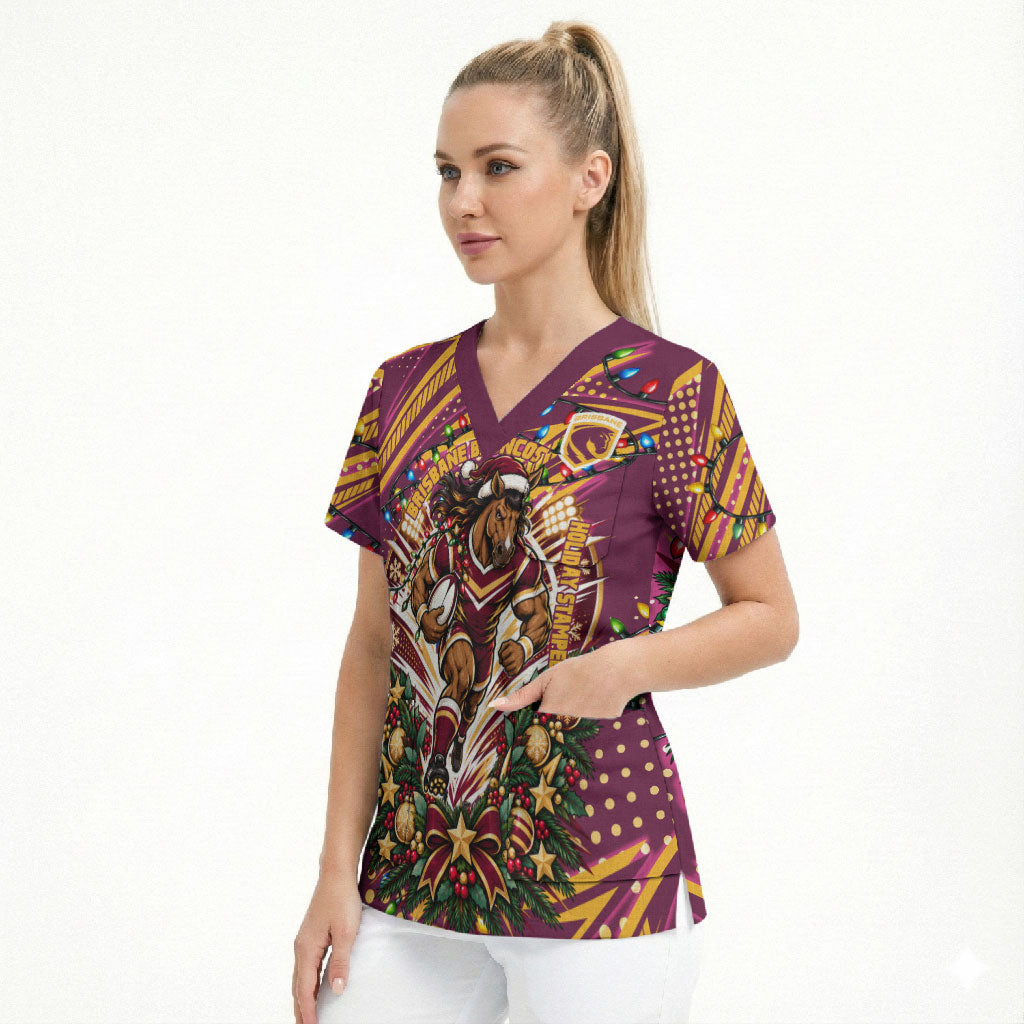 Personalized Brisbane Broncos Rugby Christmas Scrub Top Holiday Mascot Graphic Art Festive Lights Bow