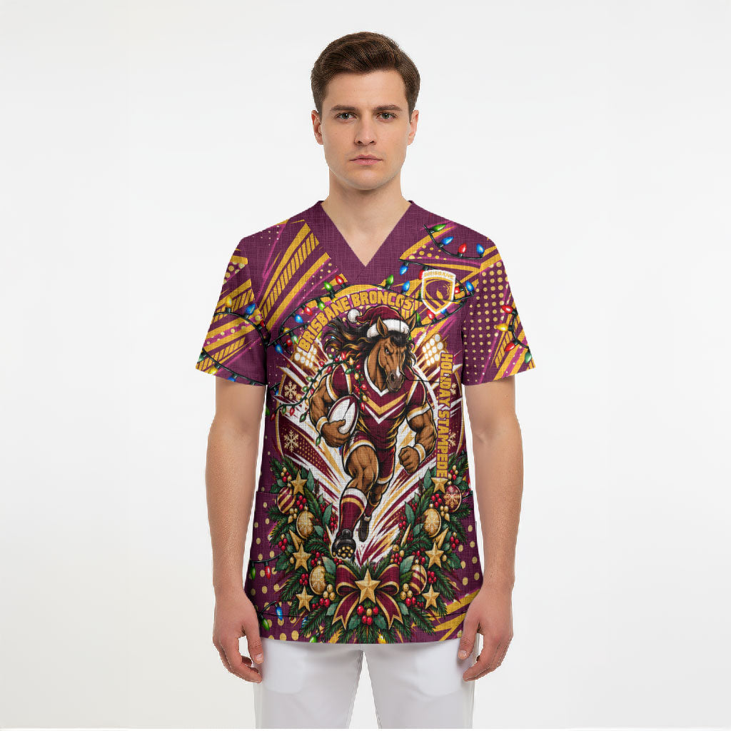 Personalized Brisbane Broncos Rugby Christmas Scrub Top Holiday Mascot Graphic Art Festive Lights Bow