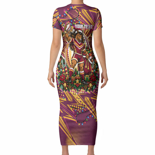 Personalized Brisbane Broncos Rugby Christmas Short Sleeve Bodycon Dress Holiday Mascot Graphic Art Festive Lights Bow