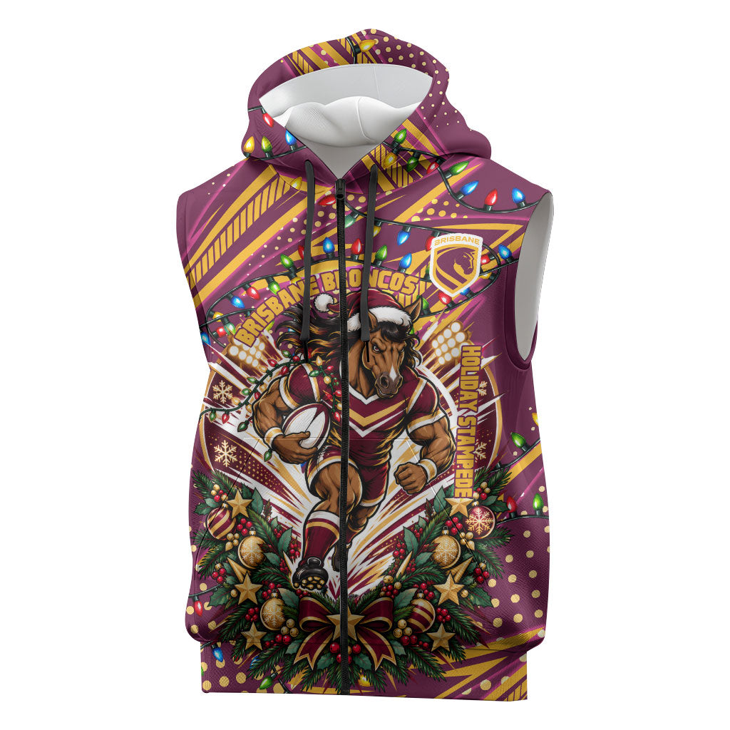 Personalized Brisbane Broncos Rugby Christmas Sleeveless Zip Hoodie Holiday Mascot Graphic Art Festive Lights Bow