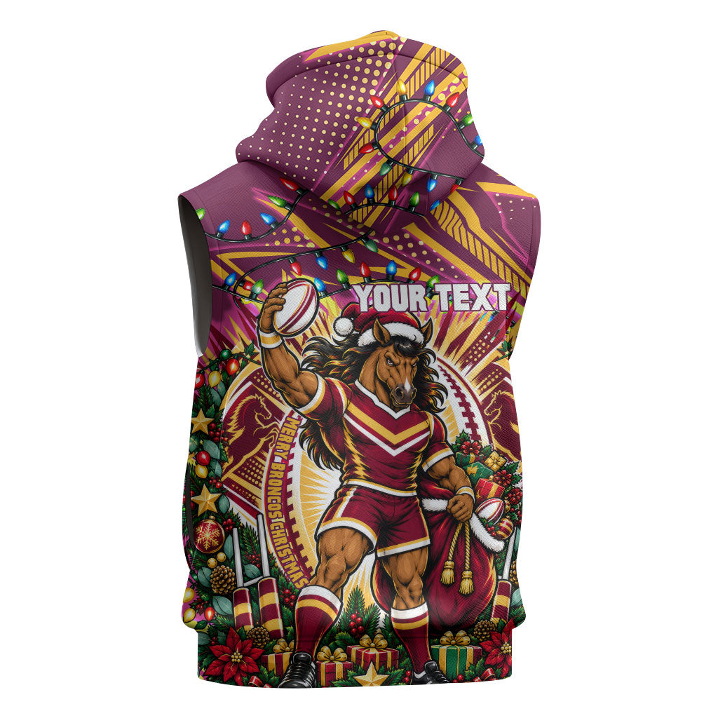 Personalized Brisbane Broncos Rugby Christmas Sleeveless Zip Hoodie Holiday Mascot Graphic Art Festive Lights Bow
