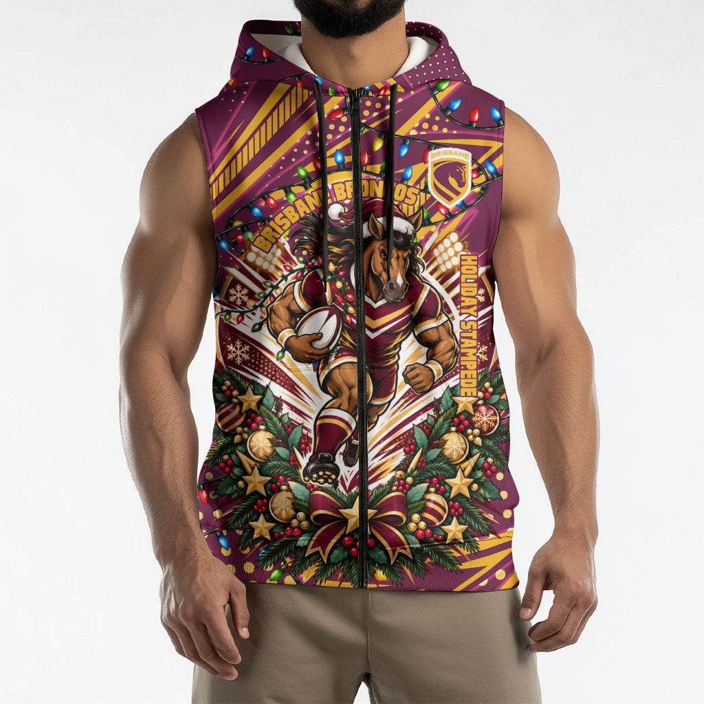Personalized Brisbane Broncos Rugby Christmas Sleeveless Zip Hoodie Holiday Mascot Graphic Art Festive Lights Bow