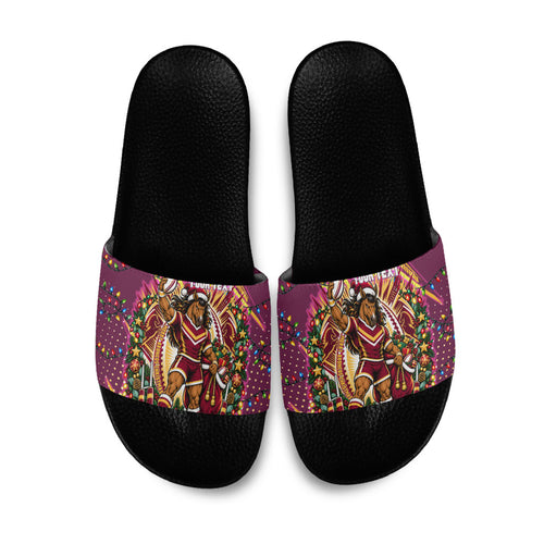 Personalized Brisbane Broncos Rugby Christmas Slide Sandals Holiday Mascot Graphic Art Festive Lights Bow
