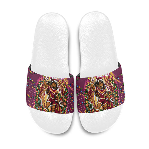 Personalized Brisbane Broncos Rugby Christmas Slide Sandals Holiday Mascot Graphic Art Festive Lights Bow
