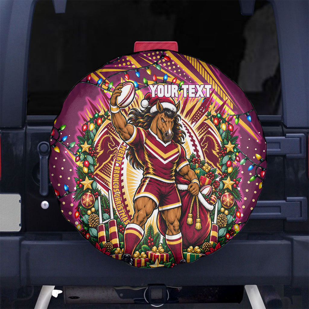 Personalized Brisbane Broncos Rugby Christmas Spare Tire Cover Holiday Mascot Graphic Art Festive Lights Bow