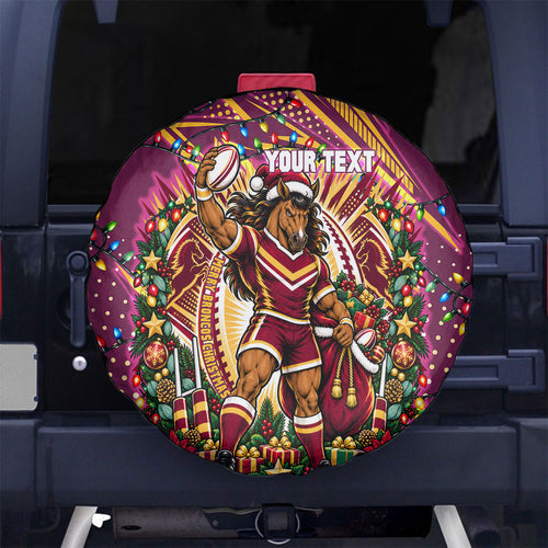 Personalized Brisbane Broncos Rugby Christmas Spare Tire Cover Holiday Mascot Graphic Art Festive Lights Bow