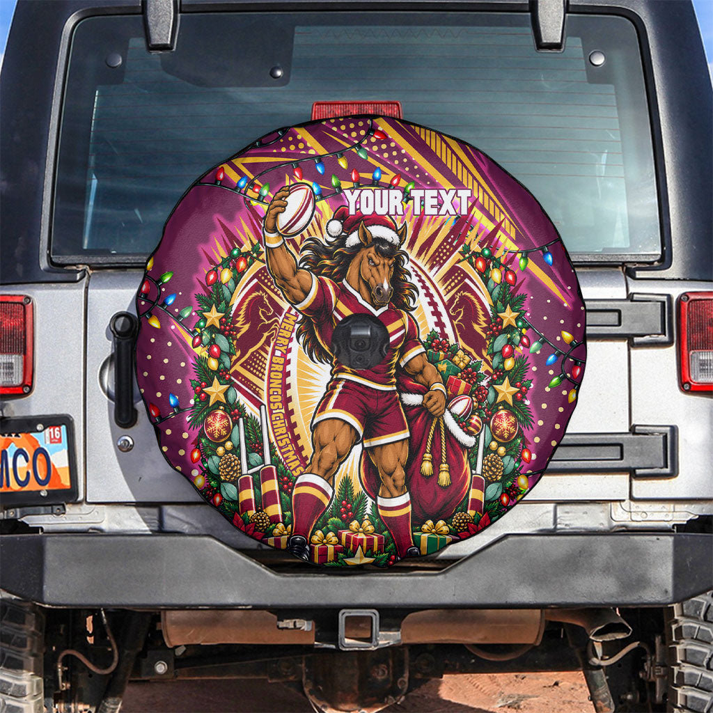 Personalized Brisbane Broncos Rugby Christmas Spare Tire Cover Holiday Mascot Graphic Art Festive Lights Bow