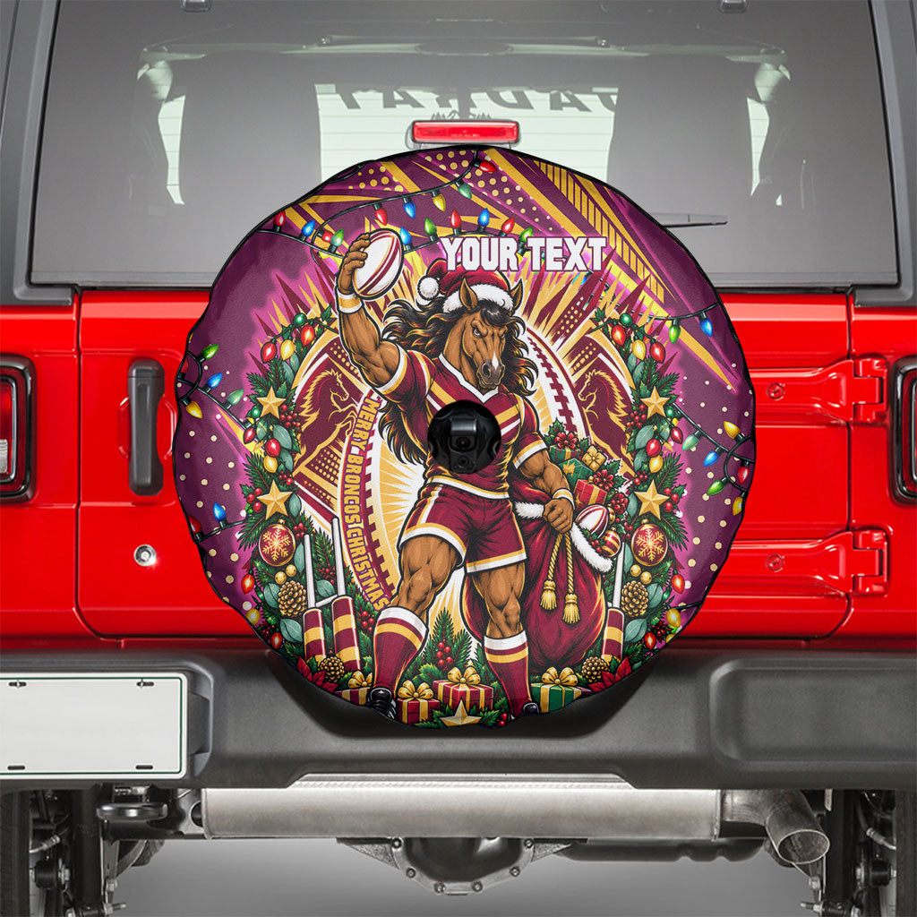 Personalized Brisbane Broncos Rugby Christmas Spare Tire Cover Holiday Mascot Graphic Art Festive Lights Bow