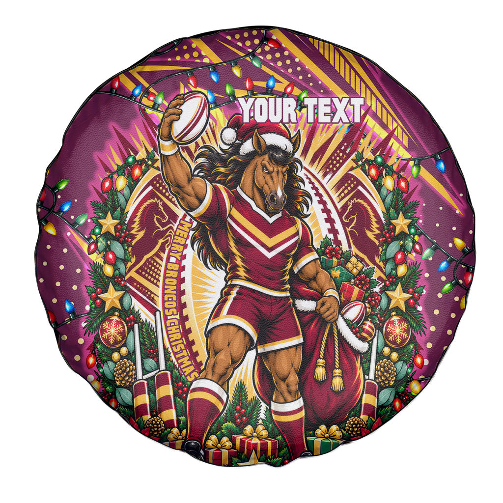 Personalized Brisbane Broncos Rugby Christmas Spare Tire Cover Holiday Mascot Graphic Art Festive Lights Bow
