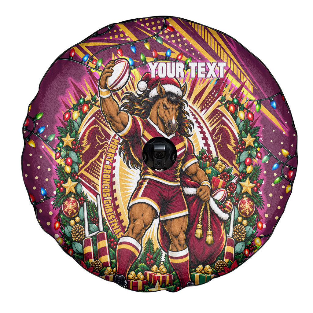 Personalized Brisbane Broncos Rugby Christmas Spare Tire Cover Holiday Mascot Graphic Art Festive Lights Bow