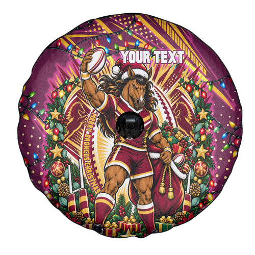 Personalized Brisbane Broncos Rugby Christmas Spare Tire Cover Holiday Mascot Graphic Art Festive Lights Bow