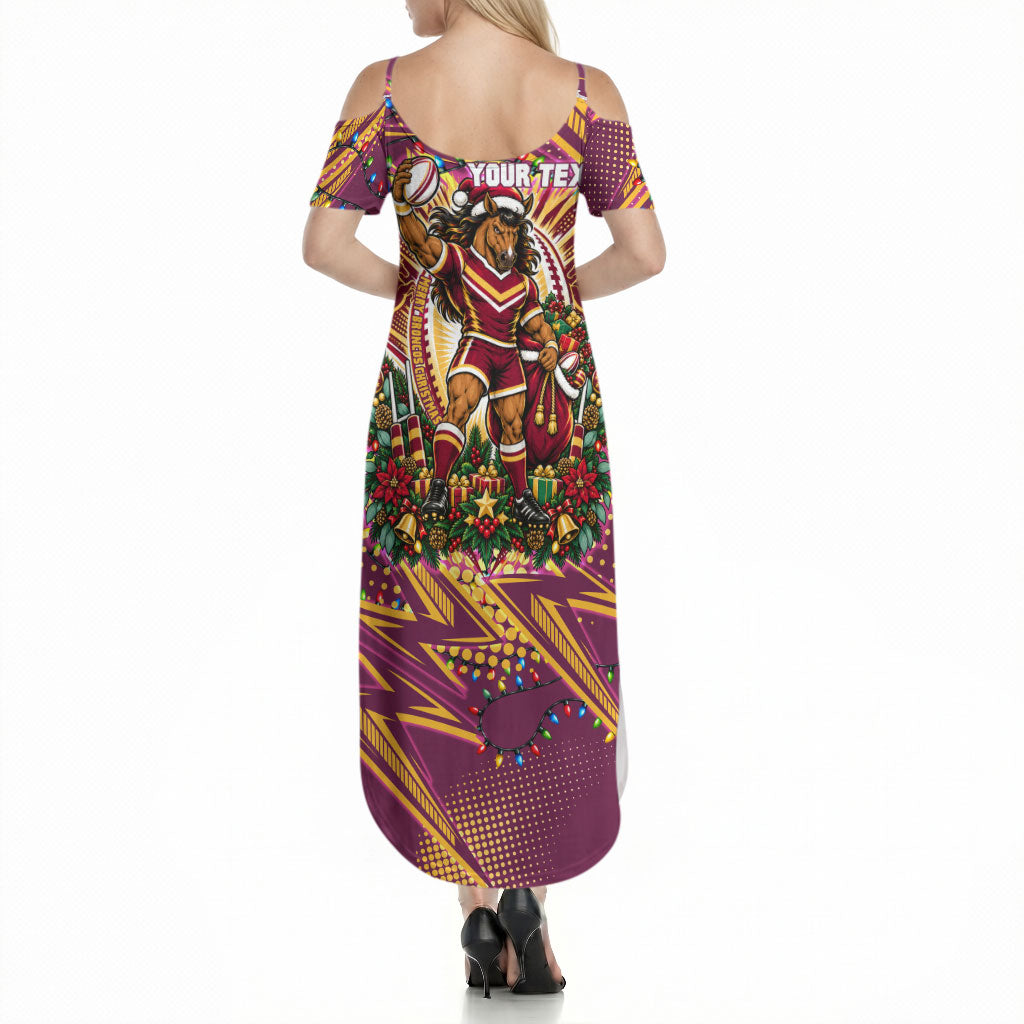 Personalized Brisbane Broncos Rugby Christmas Summer Maxi Dress Holiday Mascot Graphic Art Festive Lights Bow
