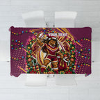Personalized Brisbane Broncos Rugby Christmas Tablecloth Holiday Mascot Graphic Art Festive Lights Bow