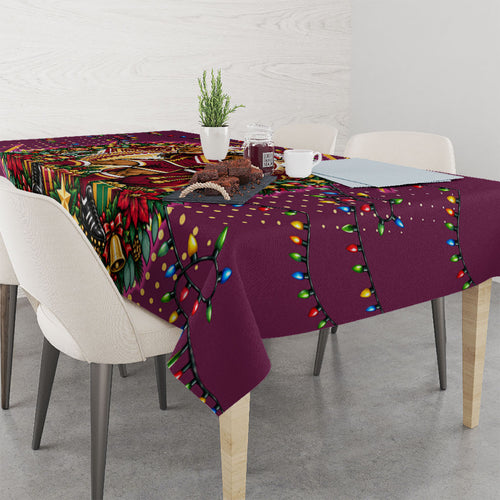 Personalized Brisbane Broncos Rugby Christmas Tablecloth Holiday Mascot Graphic Art Festive Lights Bow