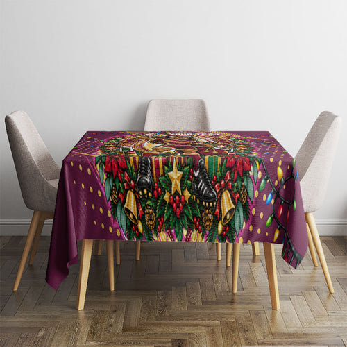 Personalized Brisbane Broncos Rugby Christmas Tablecloth Holiday Mascot Graphic Art Festive Lights Bow