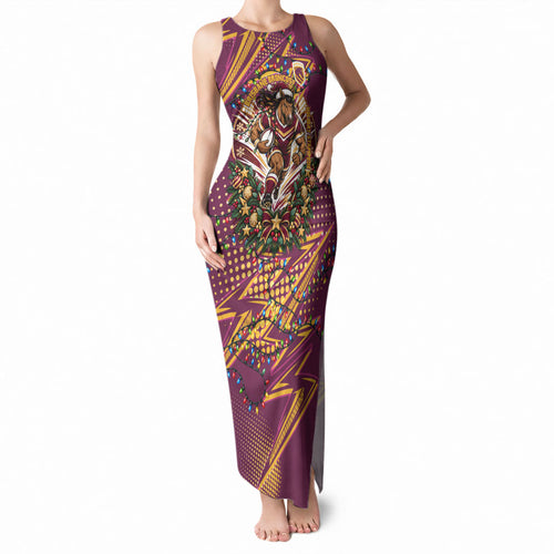 Personalized Brisbane Broncos Rugby Christmas Tank Maxi Dress Holiday Mascot Graphic Art Festive Lights Bow