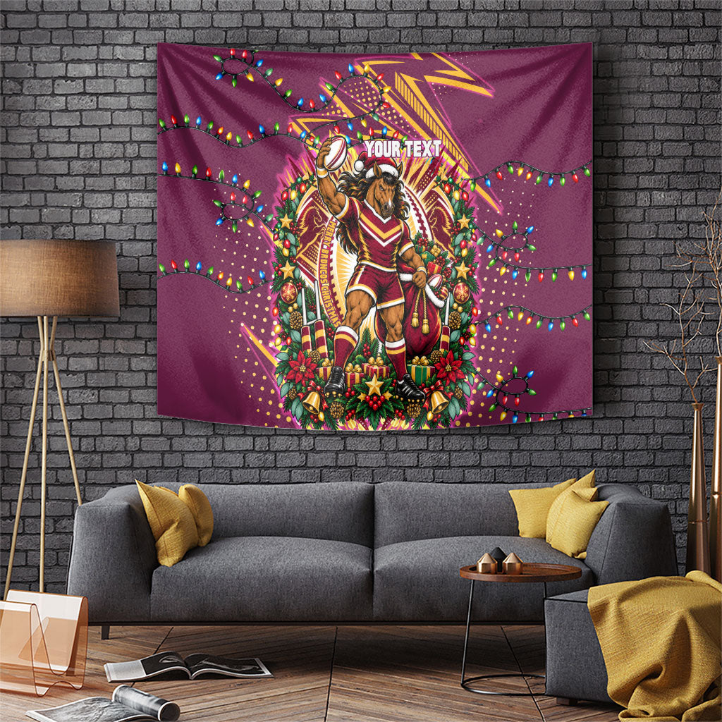 Personalized Brisbane Broncos Rugby Christmas Tapestry Holiday Mascot Graphic Art Festive Lights Bow