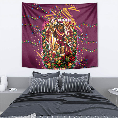 Personalized Brisbane Broncos Rugby Christmas Tapestry Holiday Mascot Graphic Art Festive Lights Bow