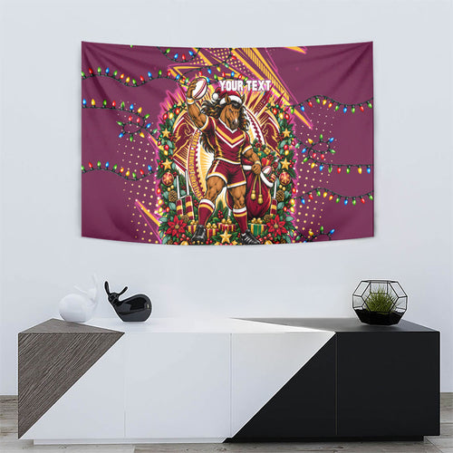 Personalized Brisbane Broncos Rugby Christmas Tapestry Holiday Mascot Graphic Art Festive Lights Bow