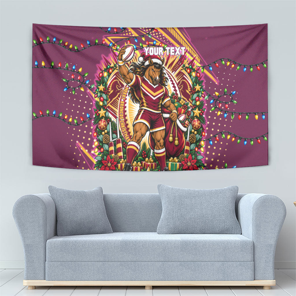 Personalized Brisbane Broncos Rugby Christmas Tapestry Holiday Mascot Graphic Art Festive Lights Bow